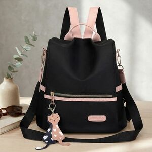 Black & Pink Anti-Theft Backpack Convertible Bag + Removable Strap & Cat Charm
